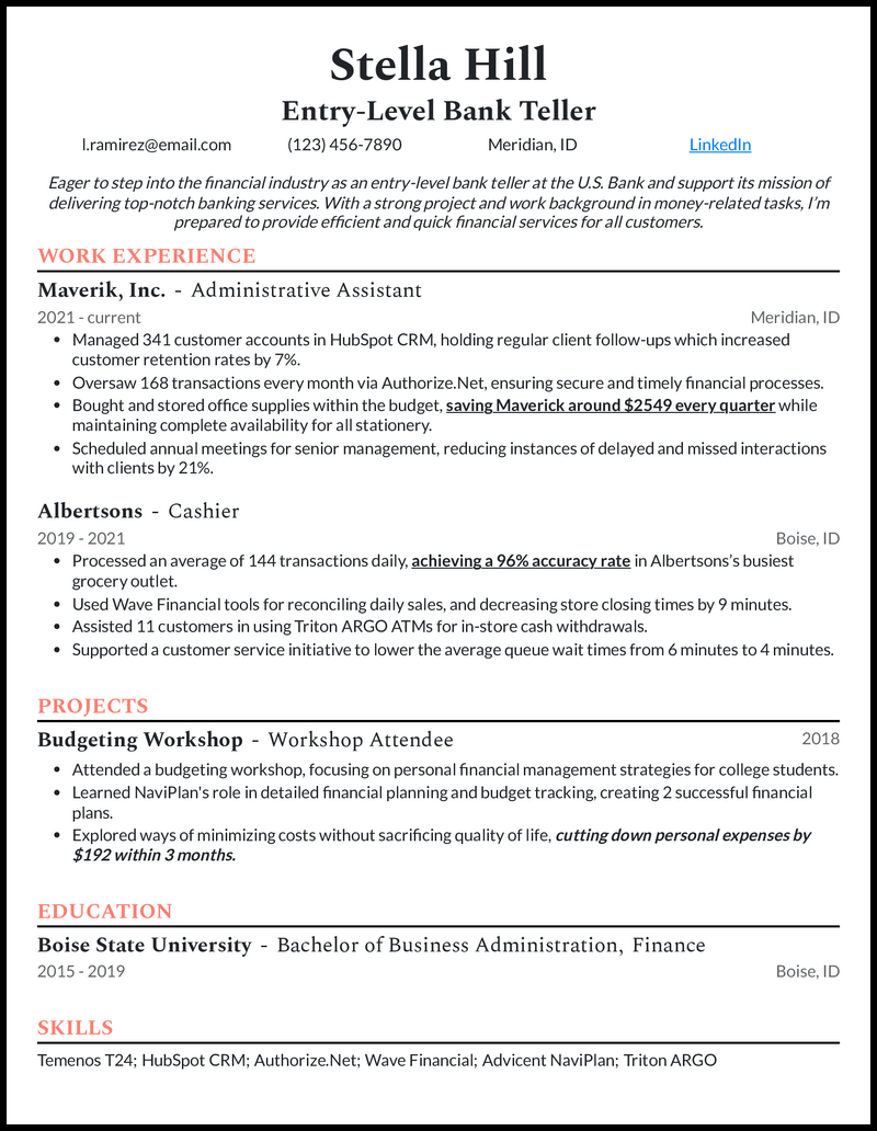 5 Entry Level Bank Teller Resume - Entrylevel Bank Teller 4 Salmon Resume Example 
