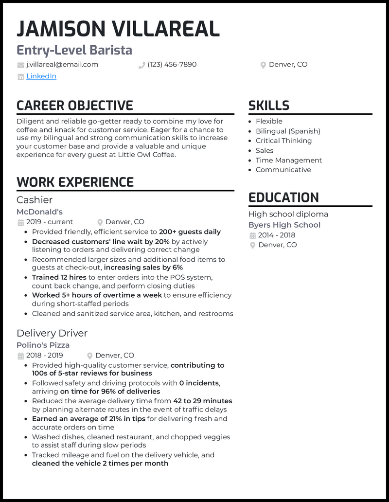 22 Barista Resume Examples amp Templates - Entrylevel Barista Gray Resume Example 