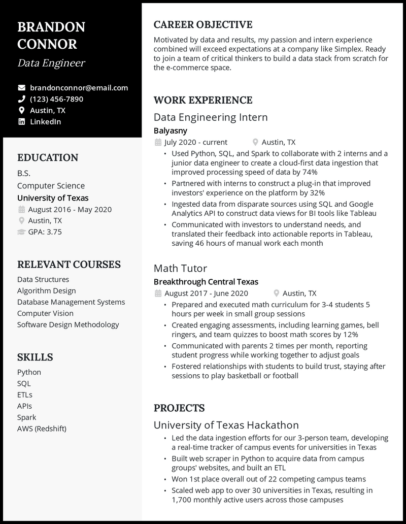 Entry-level data engineer resume example 