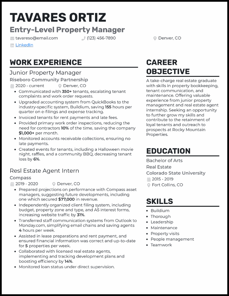 11 Property Manager Resume Templates Examples For 2025 Entrylevel Property Manager Gray Resume Example 