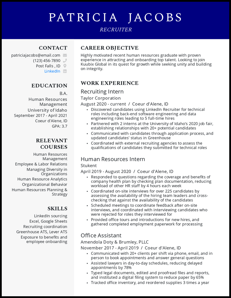 entry level recruiter resume objective