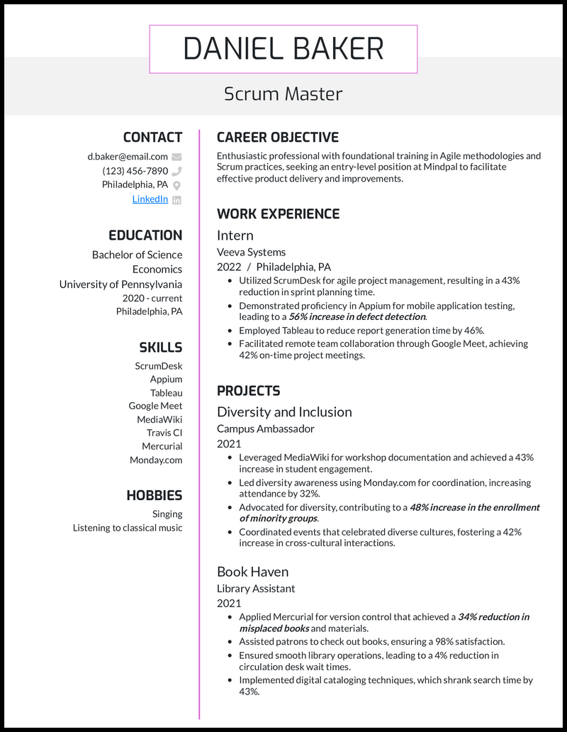5 Entry-Level Scrum Master Resume Templates & Examples for 2026