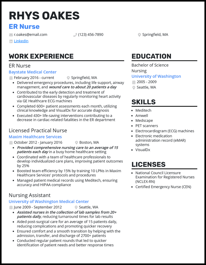 Er nurse resume example with 7+ years experience