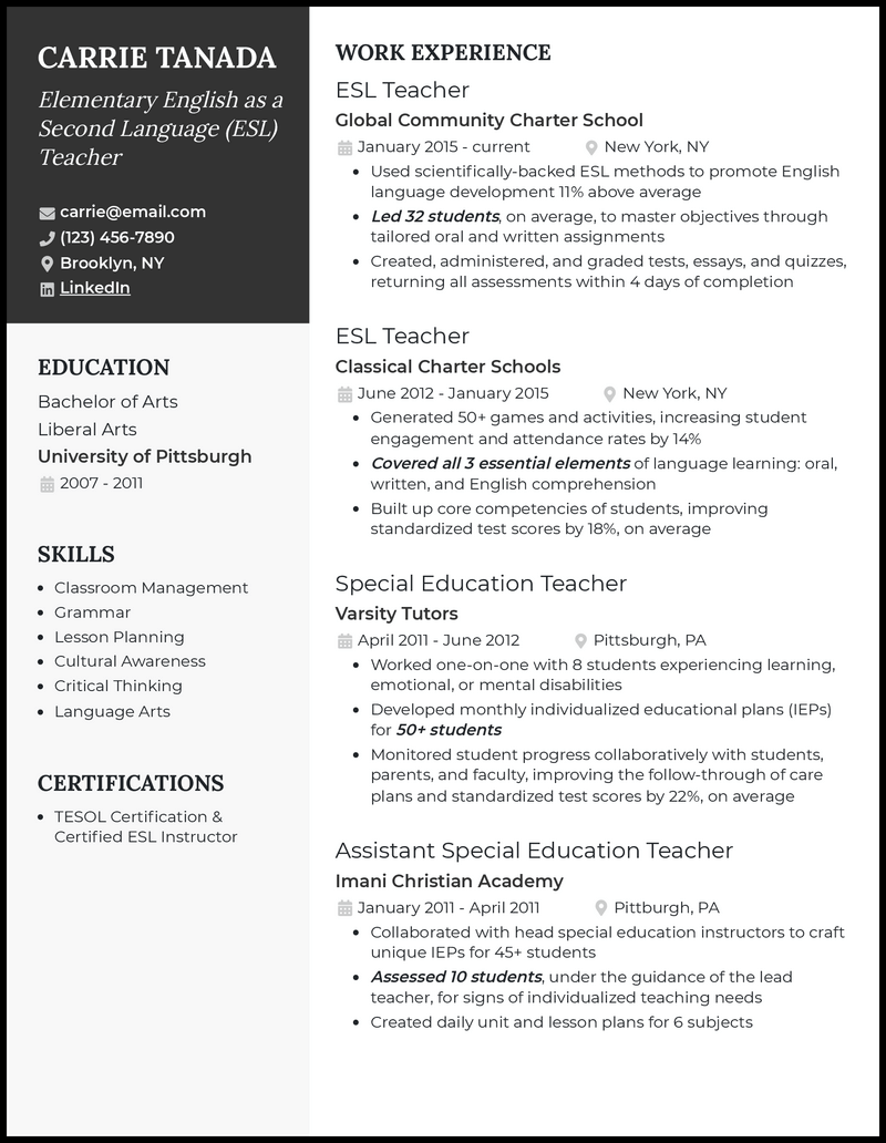 3 Esl Teacher Resume Examples Builtfor The Job In 2024 7172