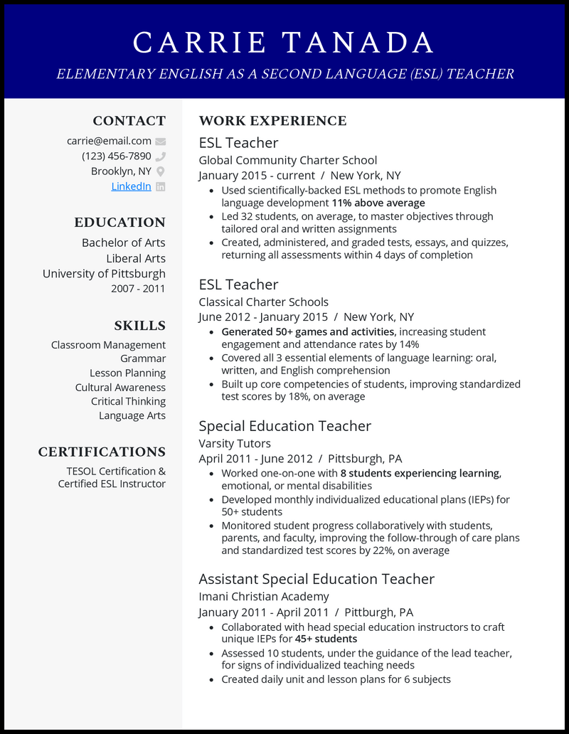 3 ESL Teacher Resume Examples BuiltFor The Job in 2024