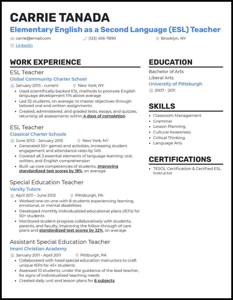 3 Esl Teacher Resume Examples Builtfor The Job In 2024 9735