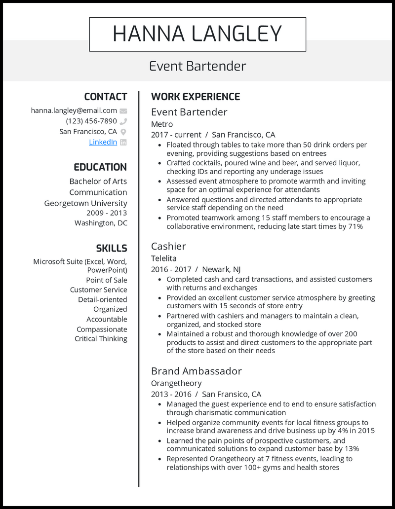 9 Bartender Resume Examples That Work in 2024