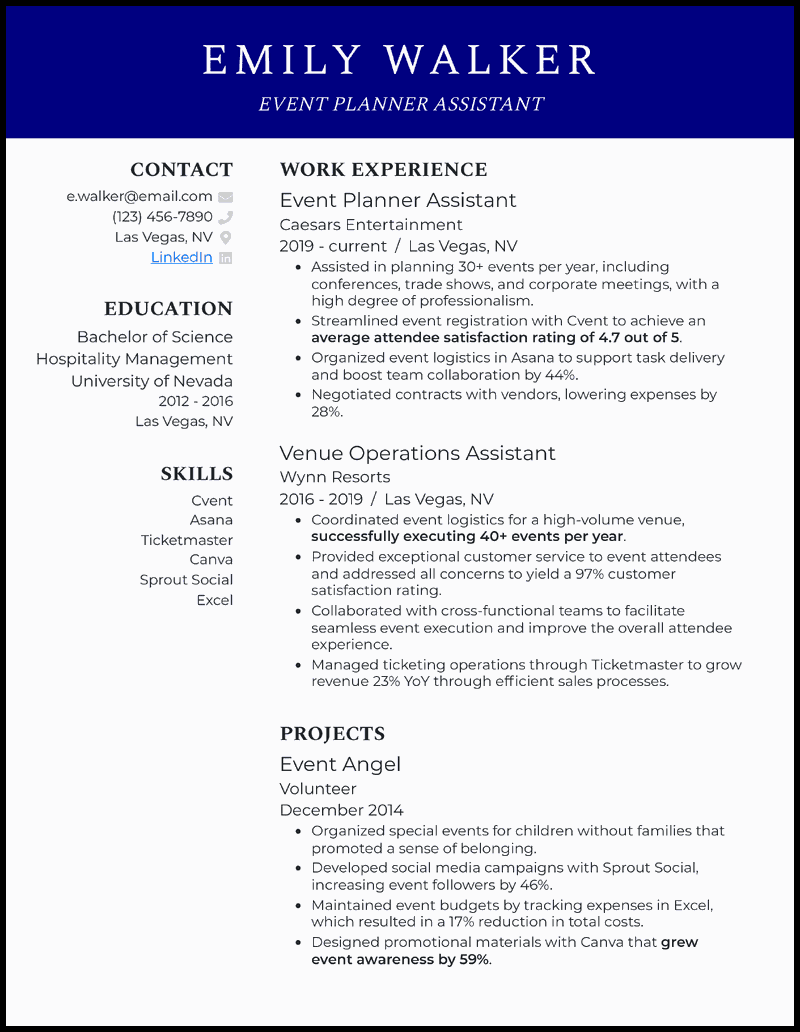 Event planner assistant resume example with 7 years of experience