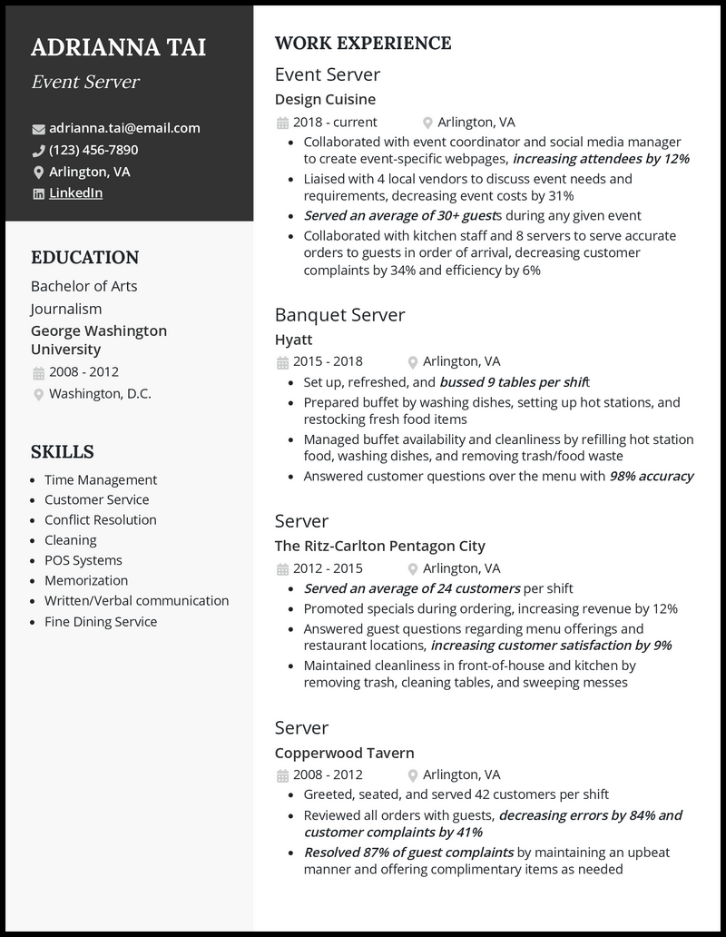 Event server resume example with 7+ years experience