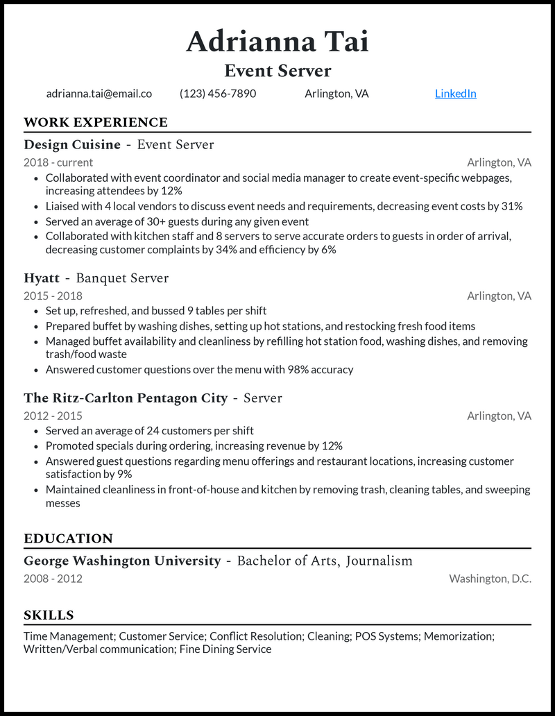 Professional event server resume example