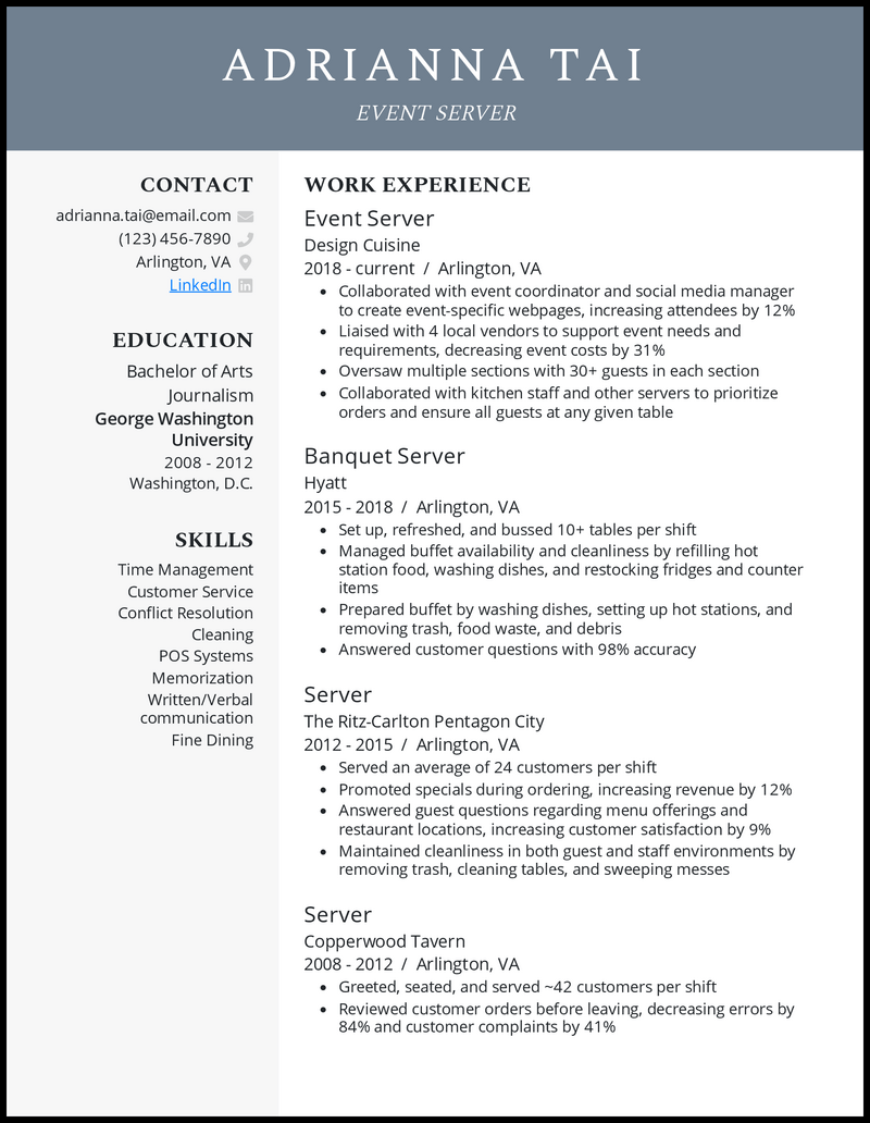 Event server resume example with 10+ years of experience