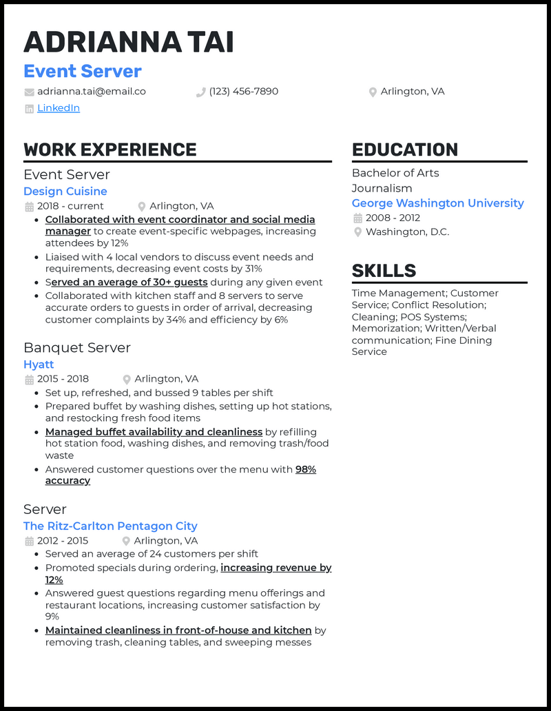 Formal event server resume example