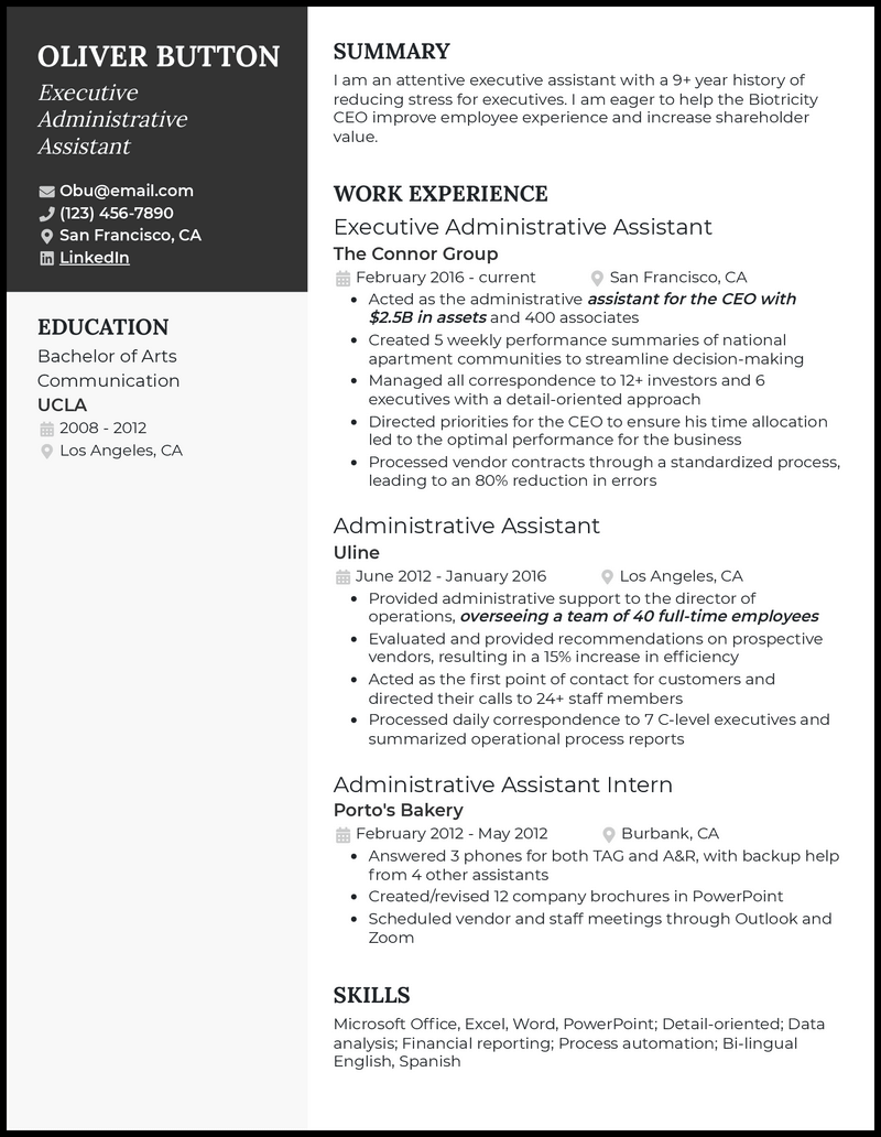 Executive administrative assistant resume example with 11 years of experience