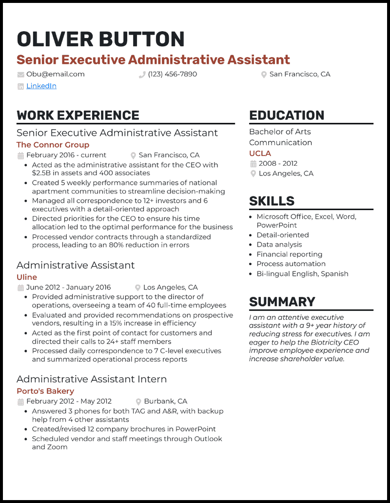 Executive administrative assistant resume example with 6 years of experience