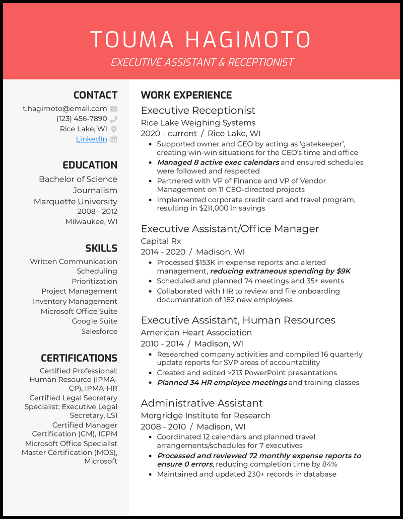 Executive assistant & receptionist resume example with 13 years of experience