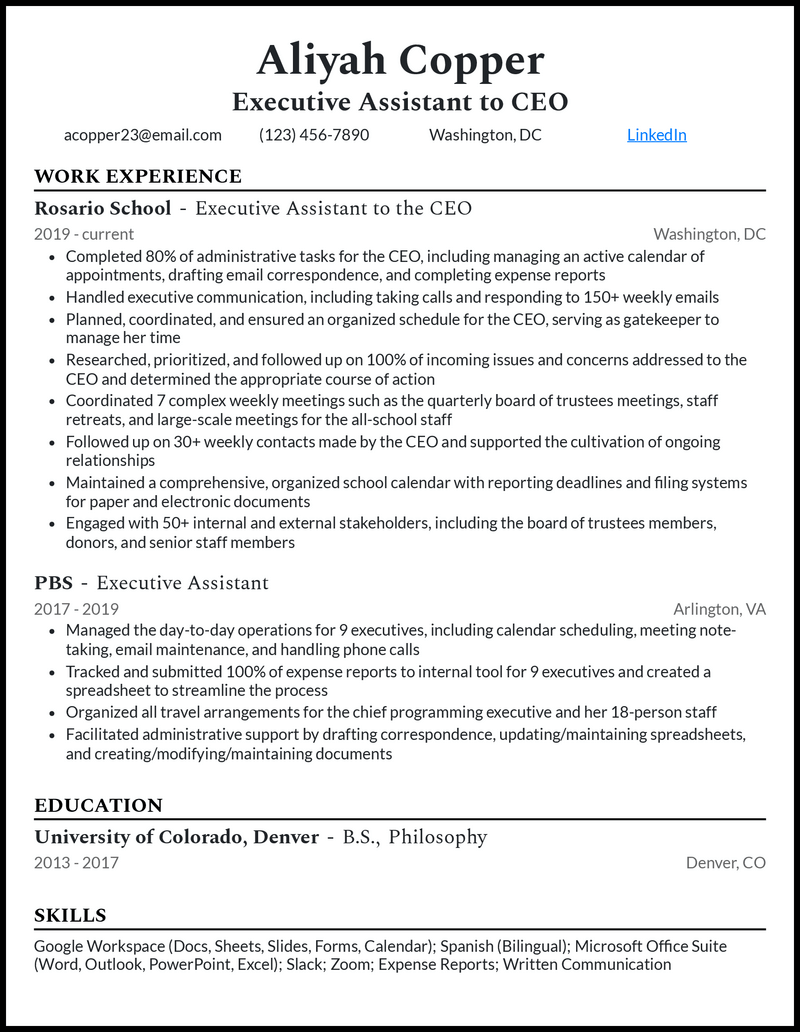 resume examples for executive assistant to ceo