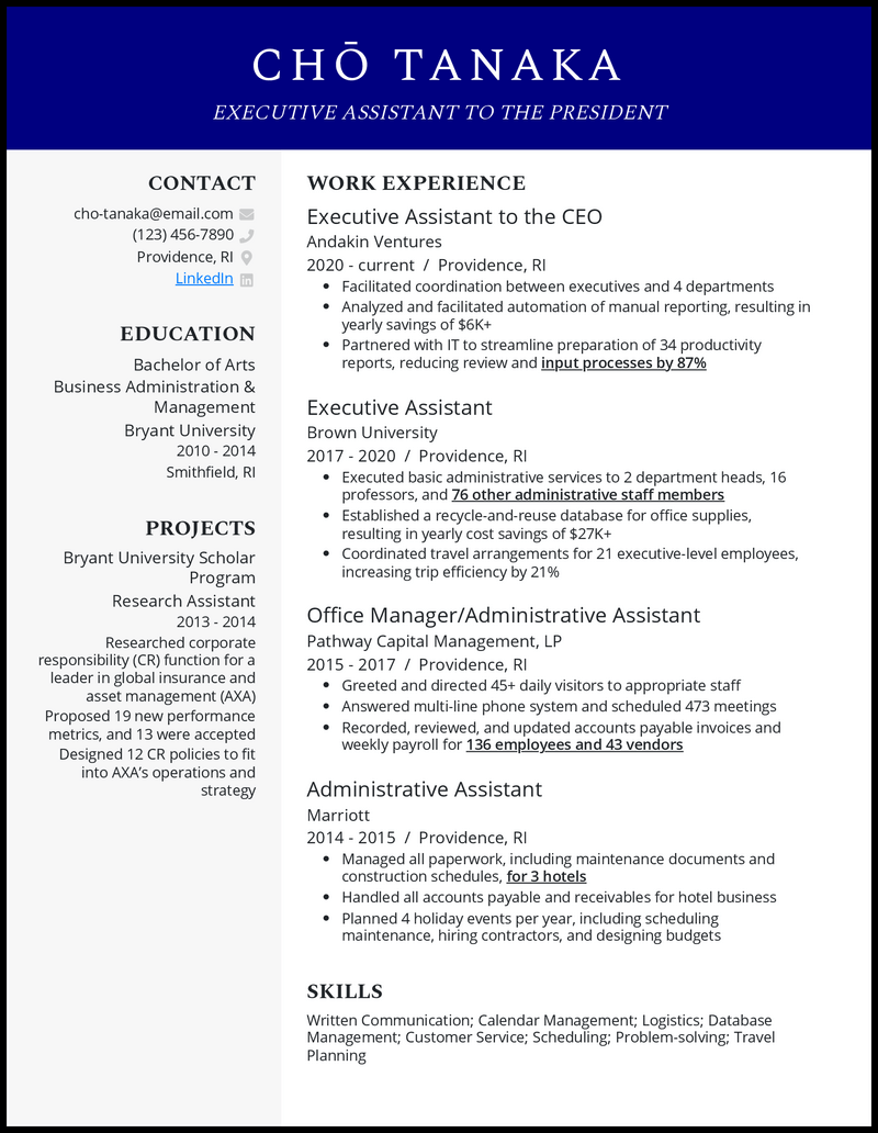 Clean executive assistant to the president resume example with 9 years of experience