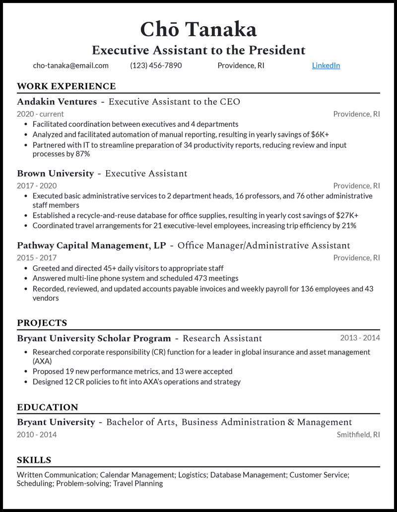 Modern executive assistant to the president resume example with 9 years of experience