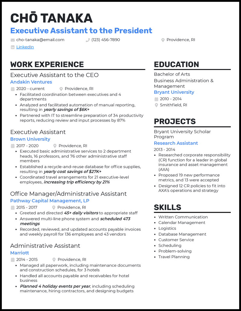 Executive assistant to the president resume example with 9 years of experience