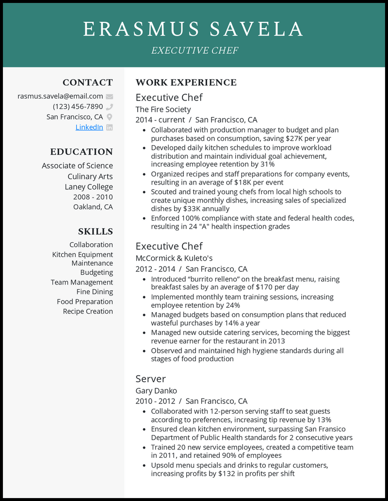 Executive chef resume example with 10 years of experience