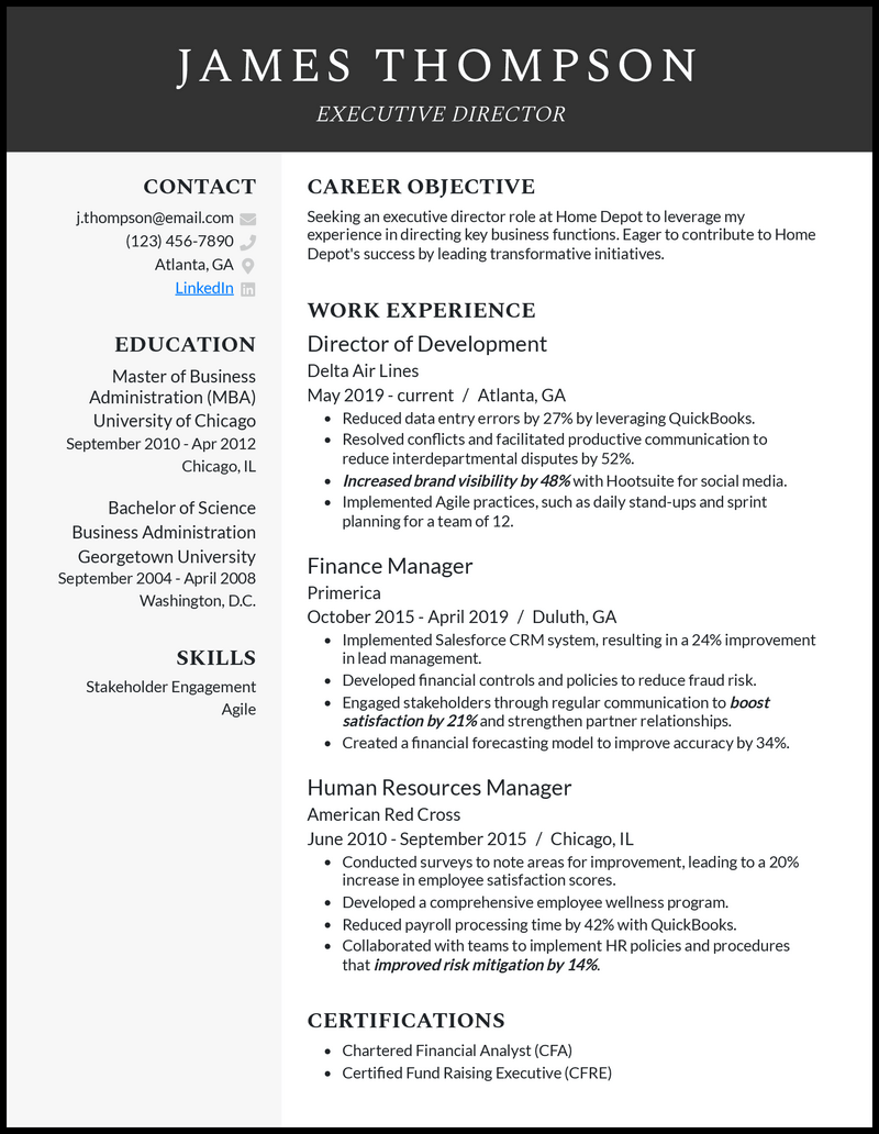 Executive director resume example with 10+ years of experience