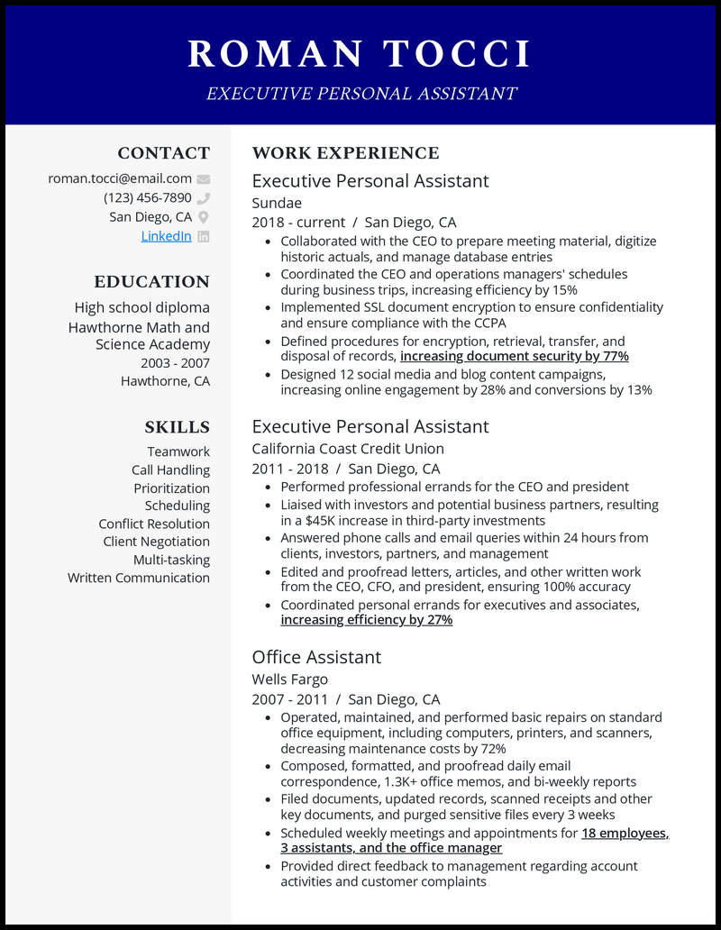 Professional executive personal assistant resume example with 12 years experience