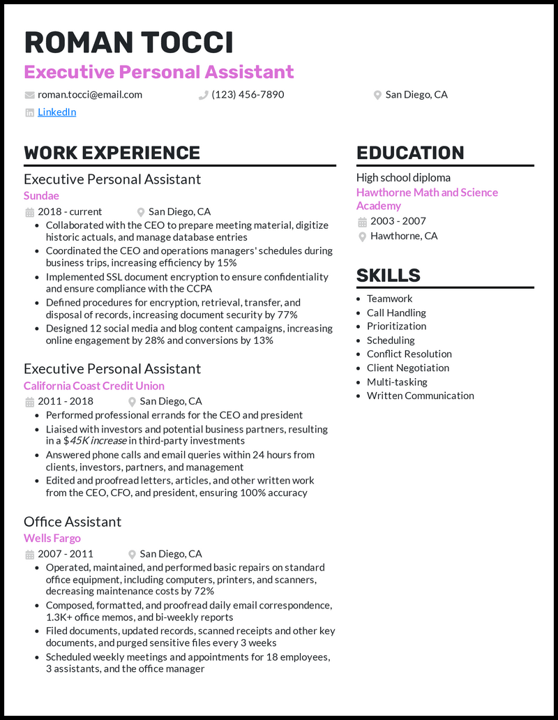 Executive personal assistant resume example with 15 years of experience