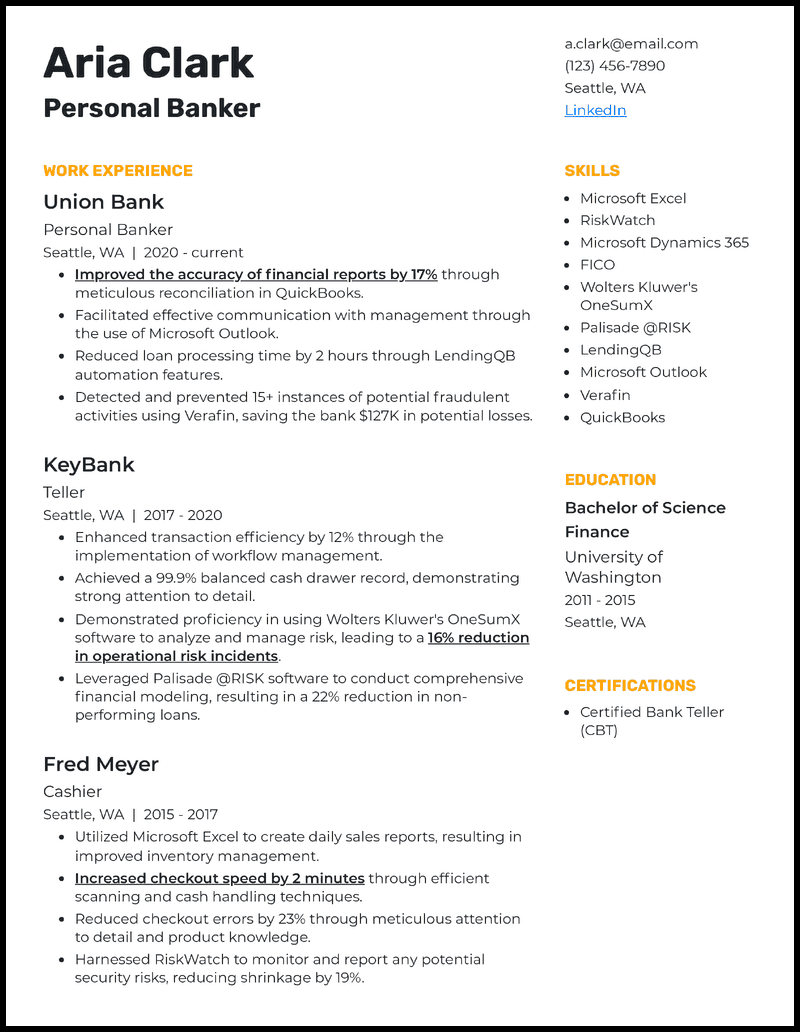 15 Banking Resume Examples That - Experienced Banker Yellow Resume Example