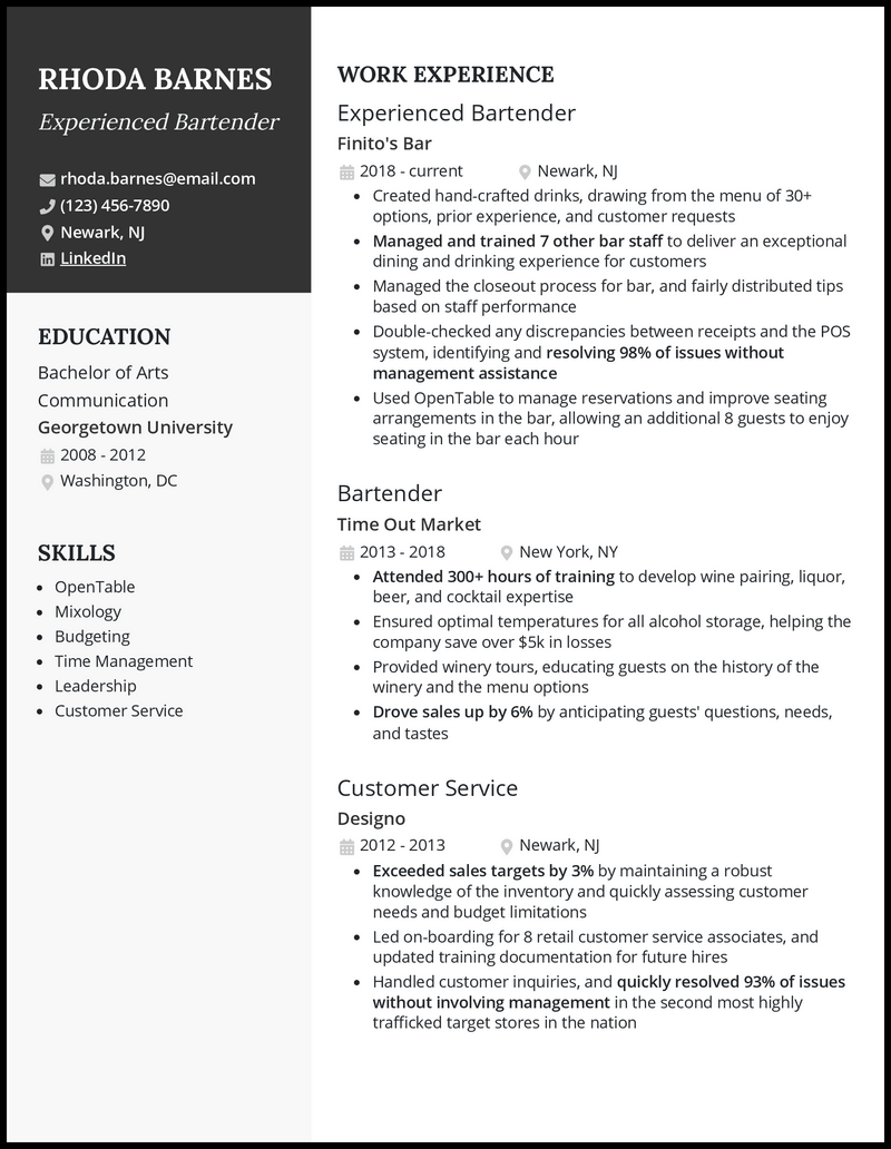 Experienced bartender resume example with 4+ years experience