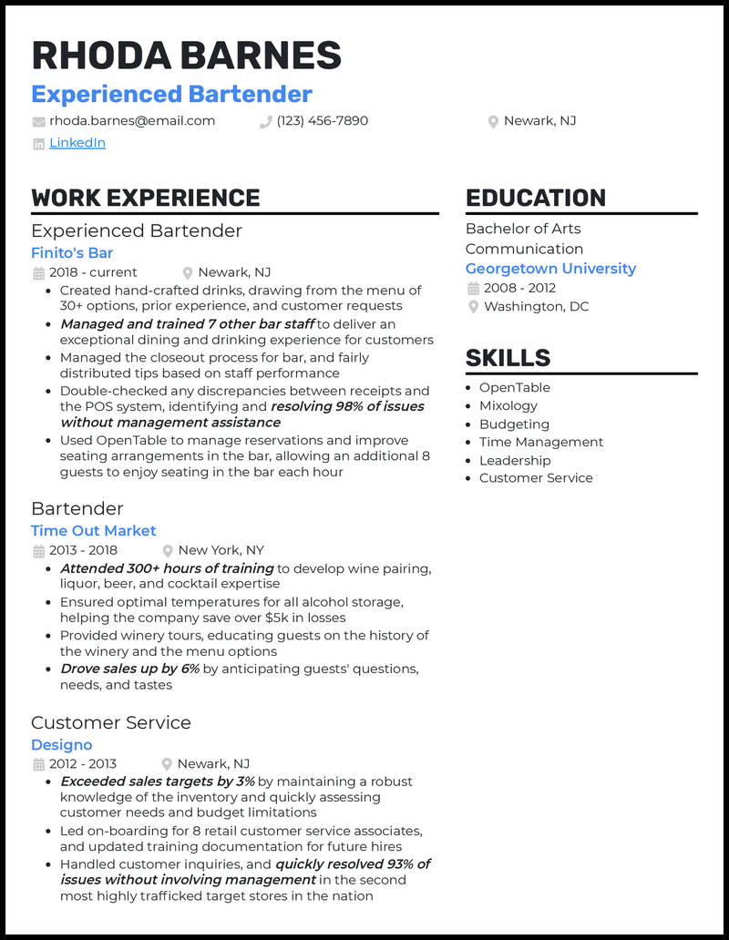 Modern experienced bartender resume example