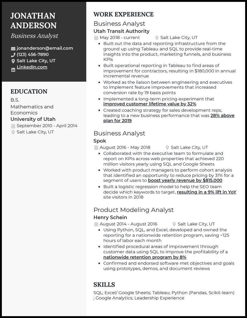 Clean experienced business analyst resume example with 8+ years experience