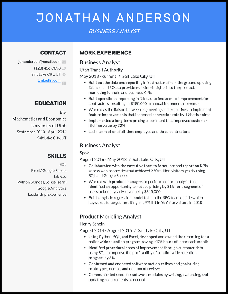 Experienced business analyst resume example with 8 years of experience