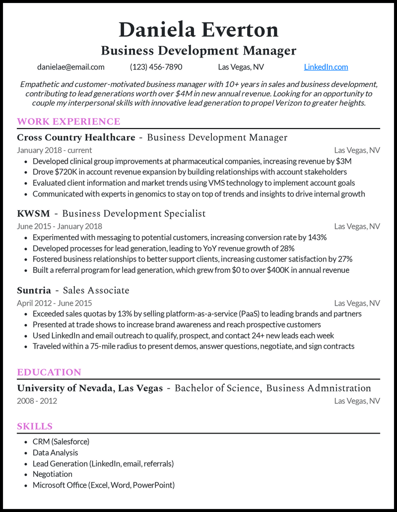 Experienced business development manager resume example with 10+ years of experience