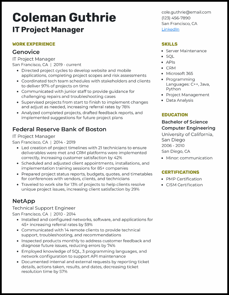 11 Best IT Resume Examples amp Samples - Experienced It Project Manager Olive Resume Example 