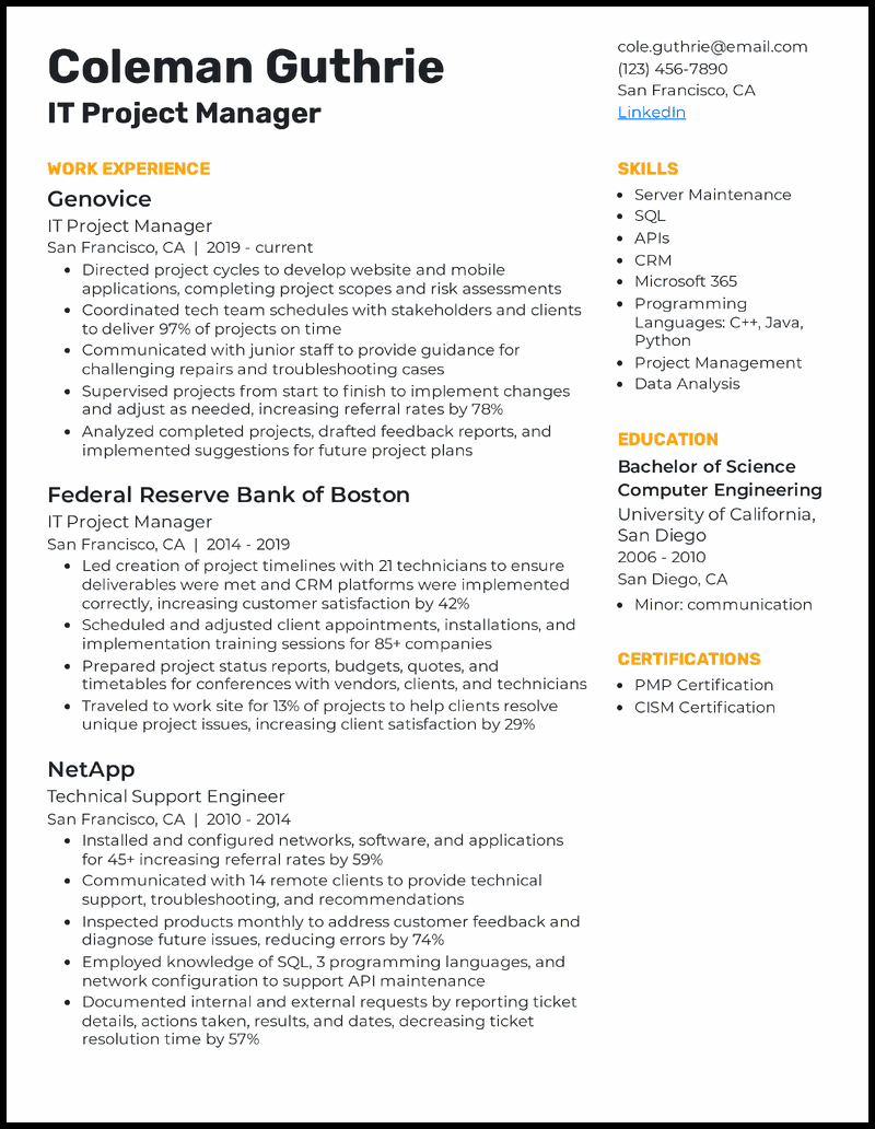 Experienced it project manager resume example with 12 years of experience