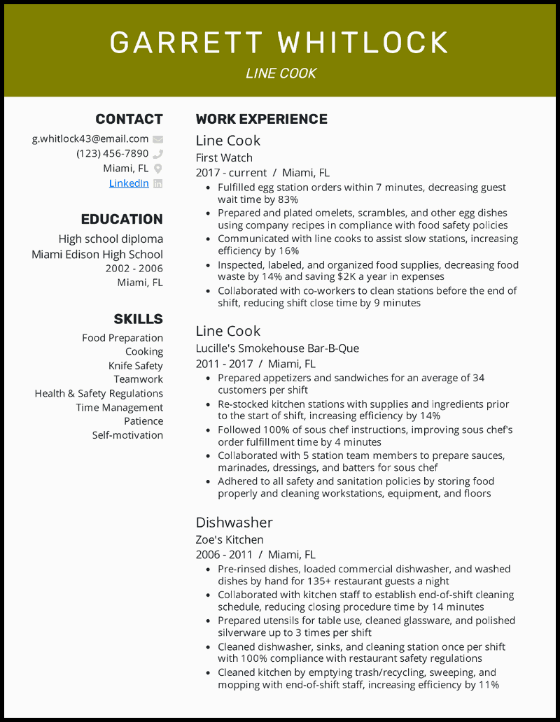 Experienced line cook resume example with 16 years of experience