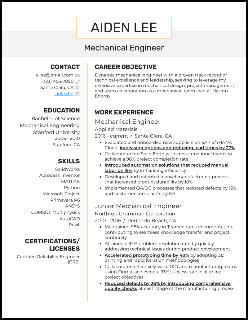 Experienced mechanical engineer resume example with 13 years of experience