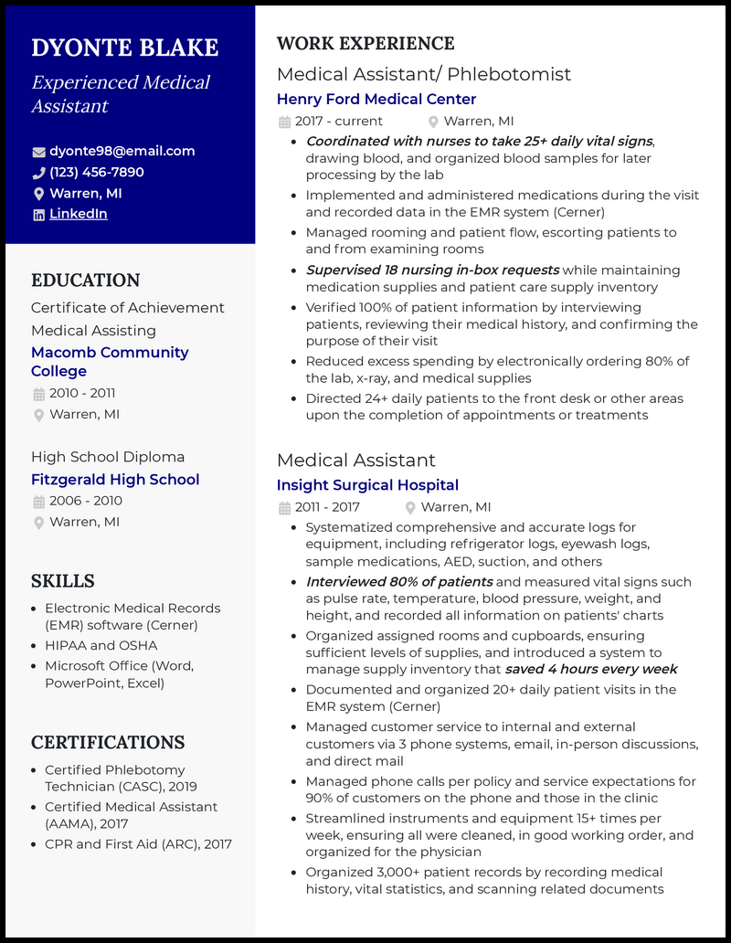 Experienced medical assistant resume example with 12 years experience