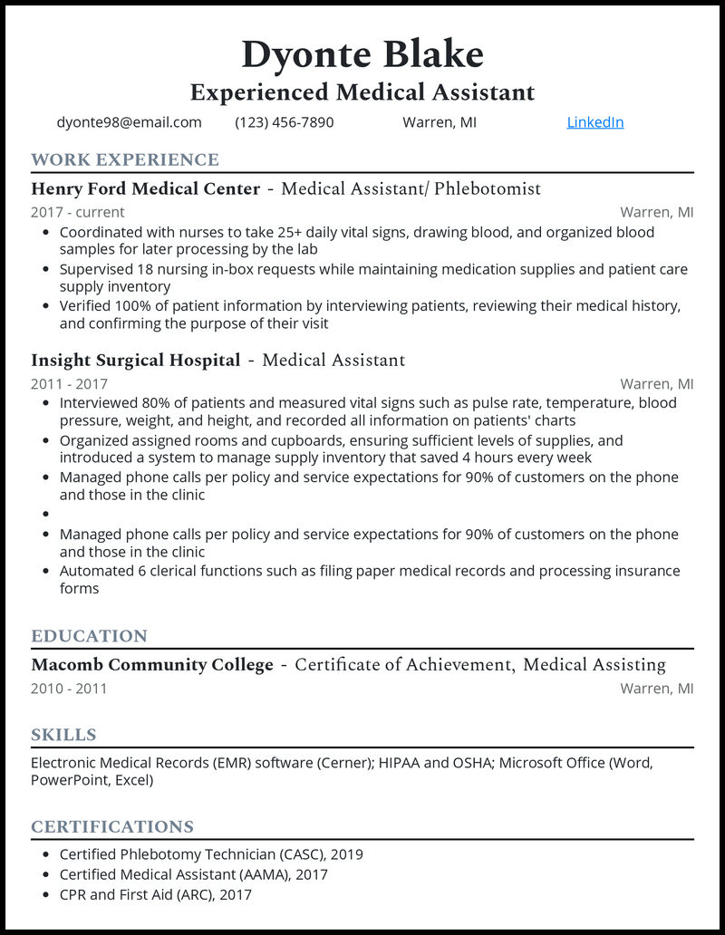 Elegant experienced medical assistant resume example with 12 years experience