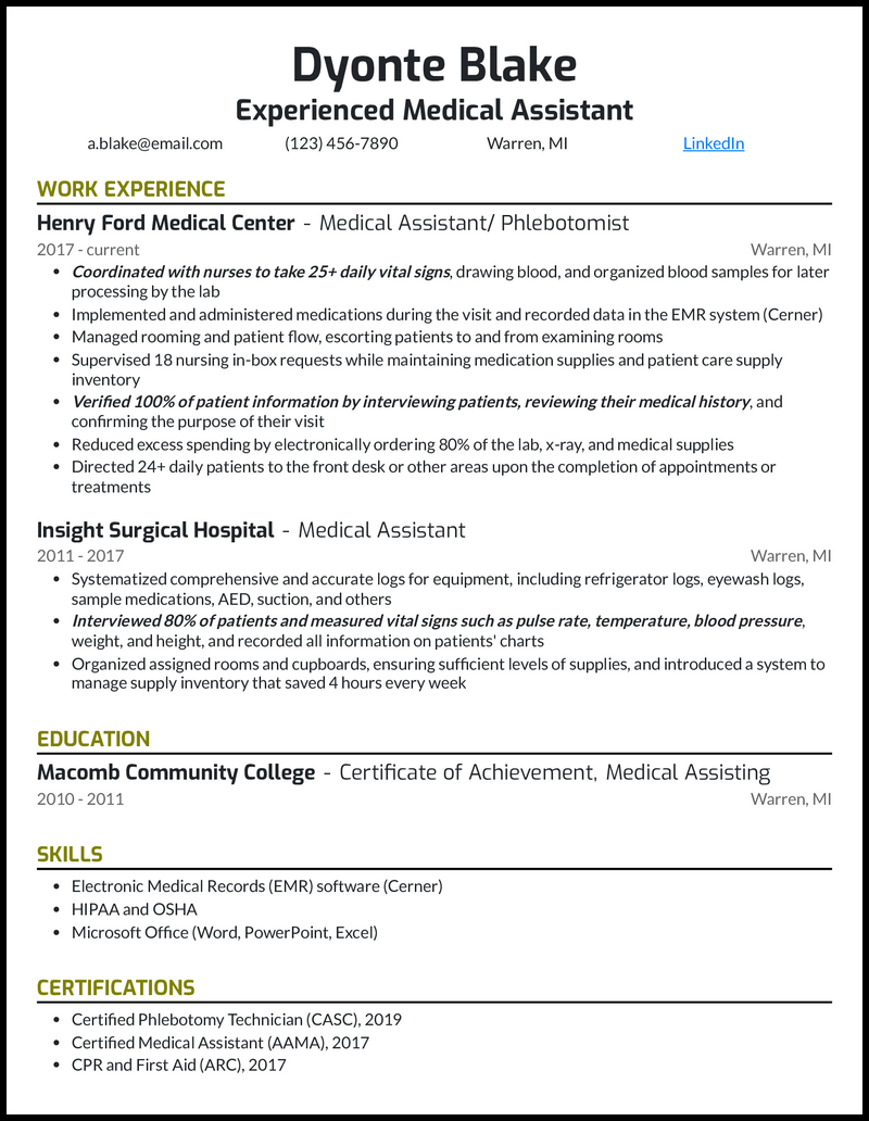 Experienced medical assistant resume example with 13 years of experience