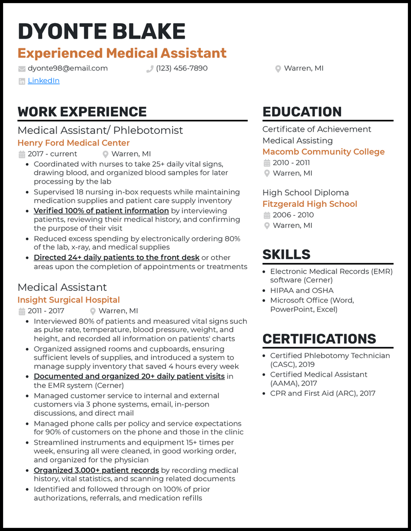 Formal experienced medical assistant resume example with 12 years experience