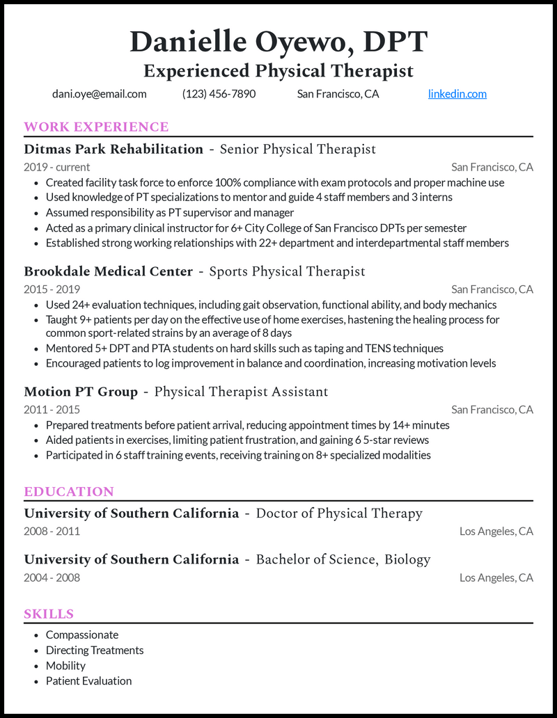 Experienced physical therapist resume example with 12 years of experience