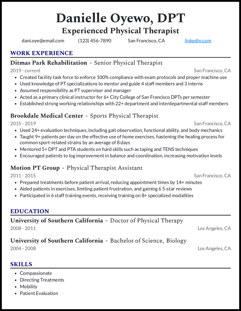9 Physical Therapist Resume Examples - Experienced Physical Therapist Royal Blue Resume Example 
