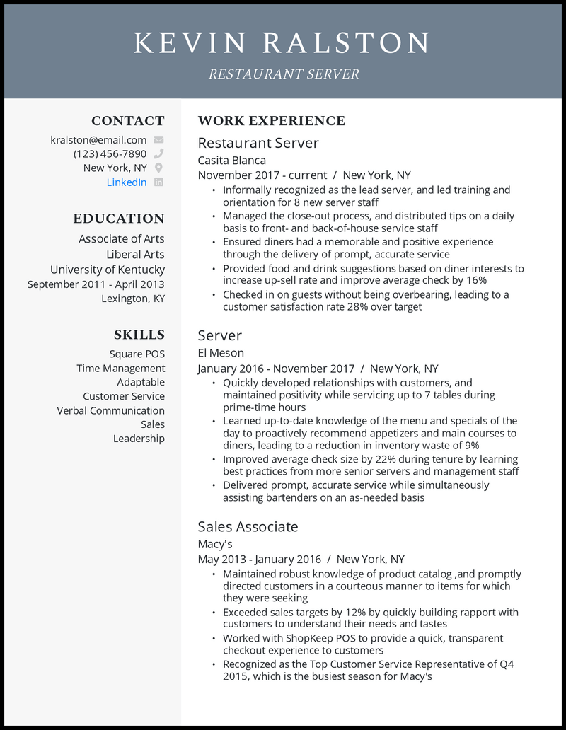 what to write on resume for server