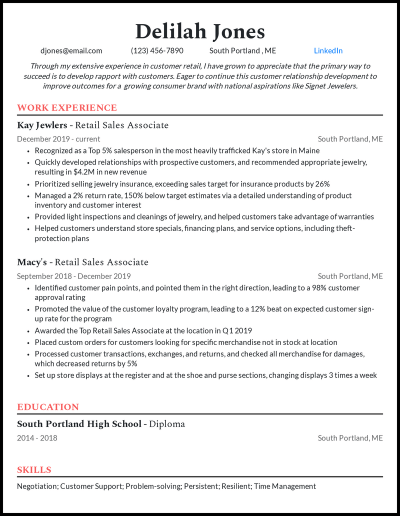 Experienced sales representative resume example with 10 years of experience