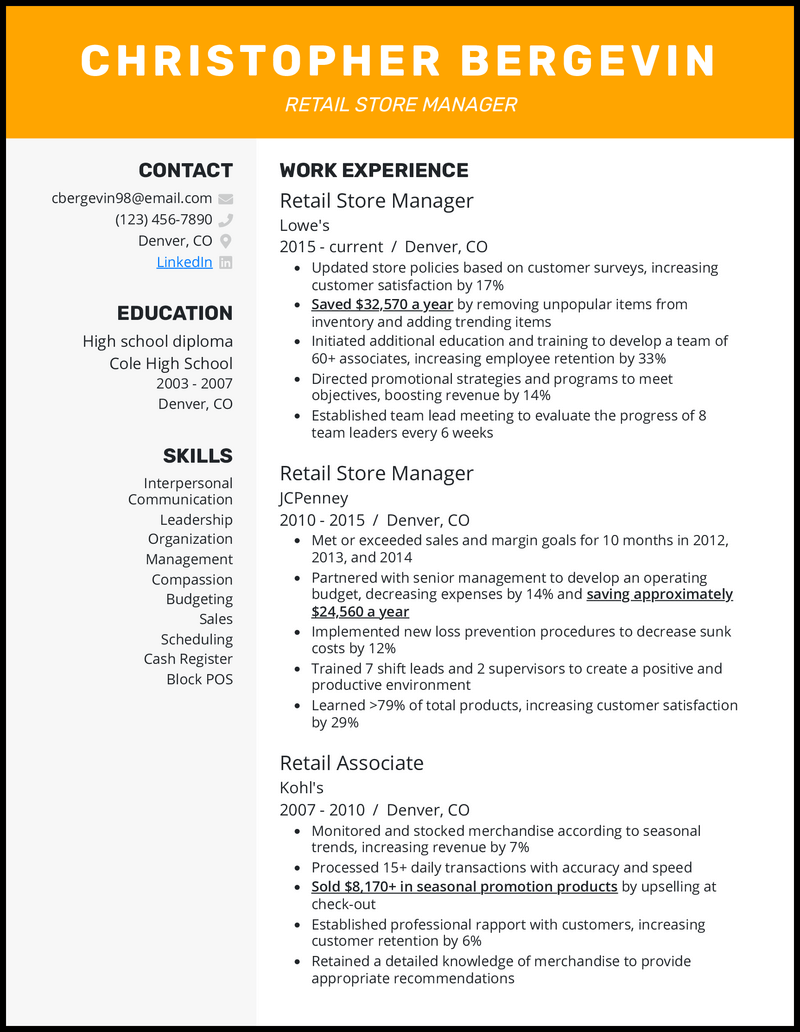 Retail store manager resume example with 12+ years of experience 