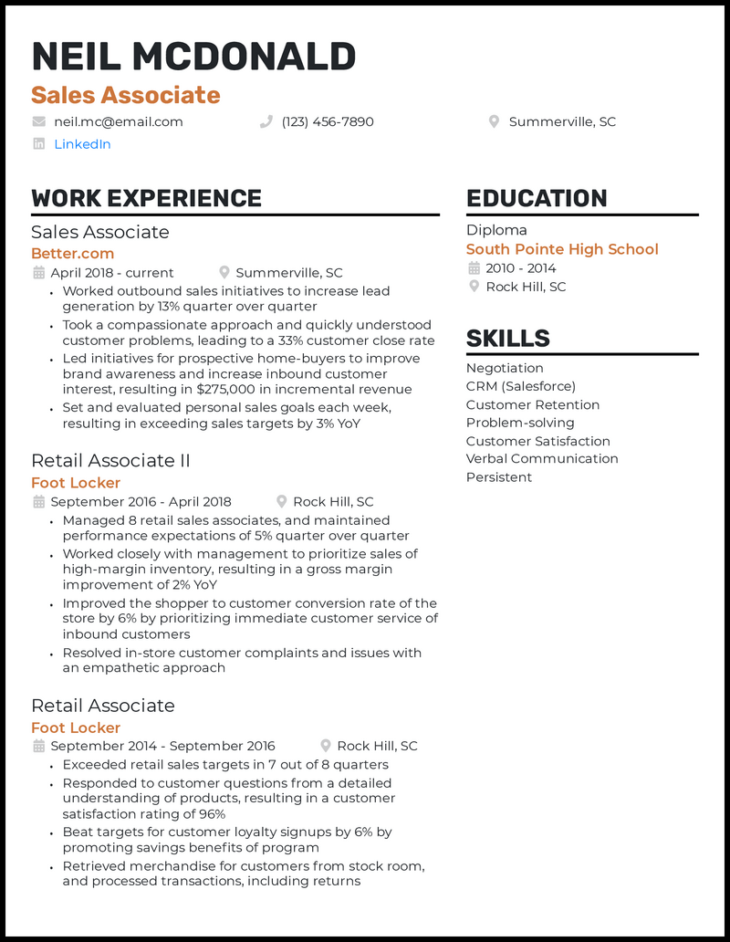 Experienced sales associate resume example with 9 years of experience