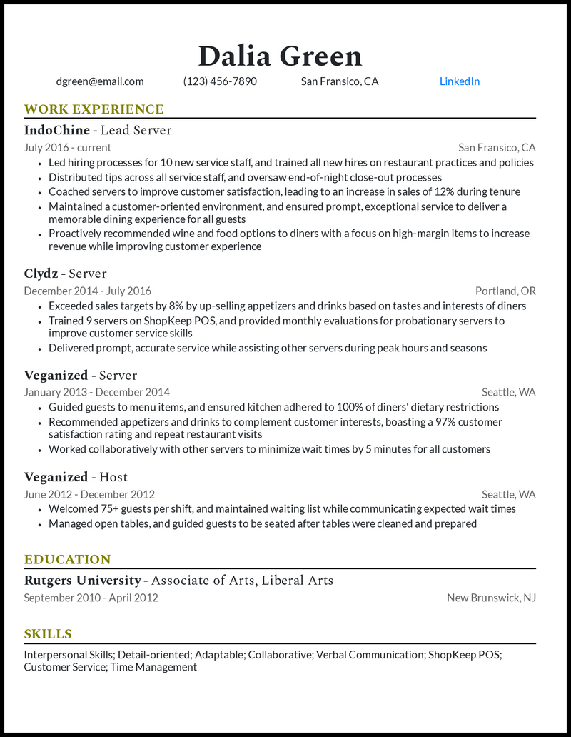 Experienced Server Resume Example 