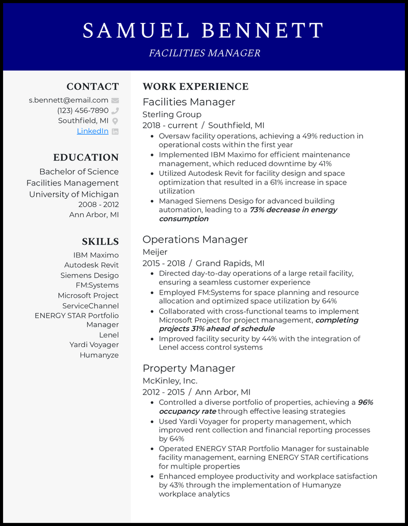 Facilities manager resume example with 5 years experience