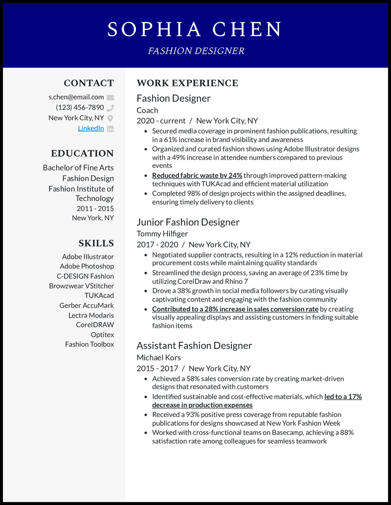 Fashion Designer resume example with 8 years of experience